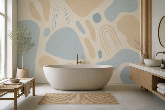 Soyut Şekilli Poster Duvar Kağıdı Bej Mavi Modern Banyo