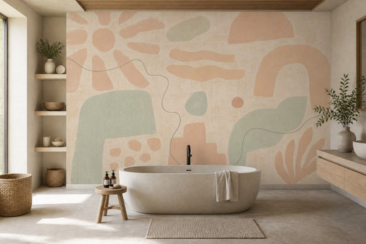 Pastel Soyut Şekilli Poster Duvar Kağıdı Yeşil Bej Banyo