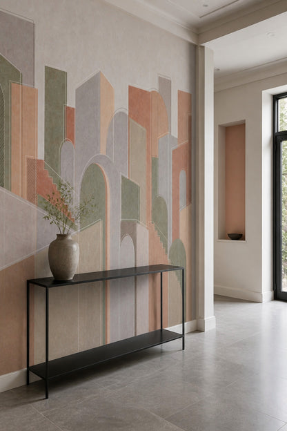 Geometrik Kemerli Poster Duvar Kağıdı Terracotta Gri Salon