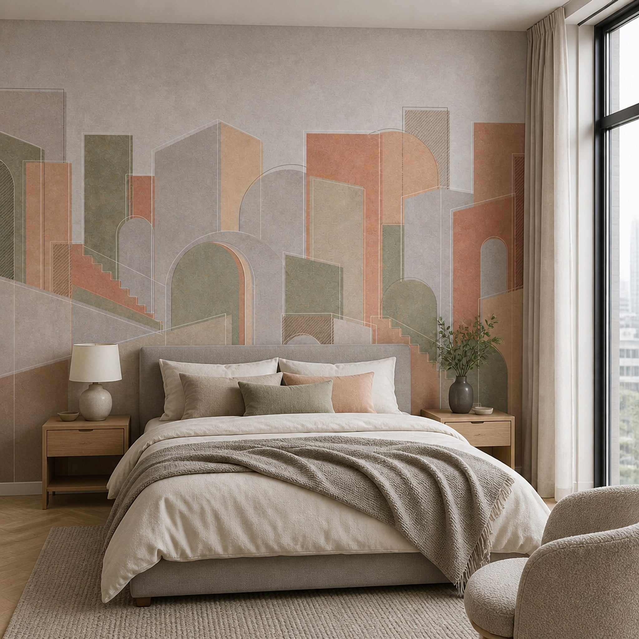 Geometrik Kemerli Poster Duvar Kağıdı Terracotta Gri Salon