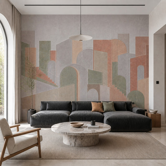 Geometrik Kemerli Poster Duvar Kağıdı Terracotta Gri Salon