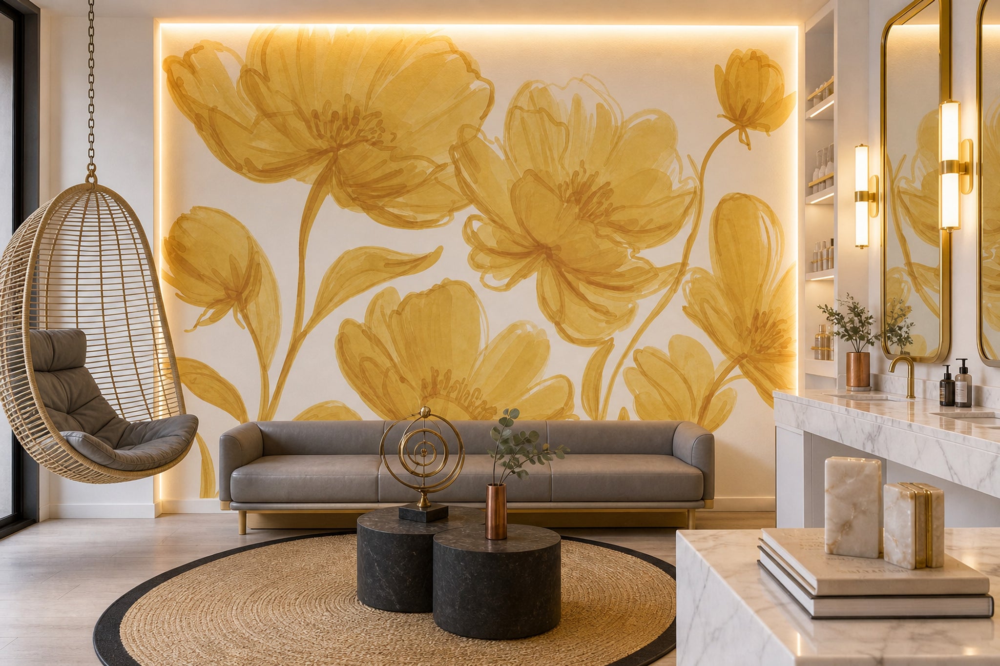 Sulu Boya Sarı Çiçekli Poster Duvar Kağıdı Salon Dekoru