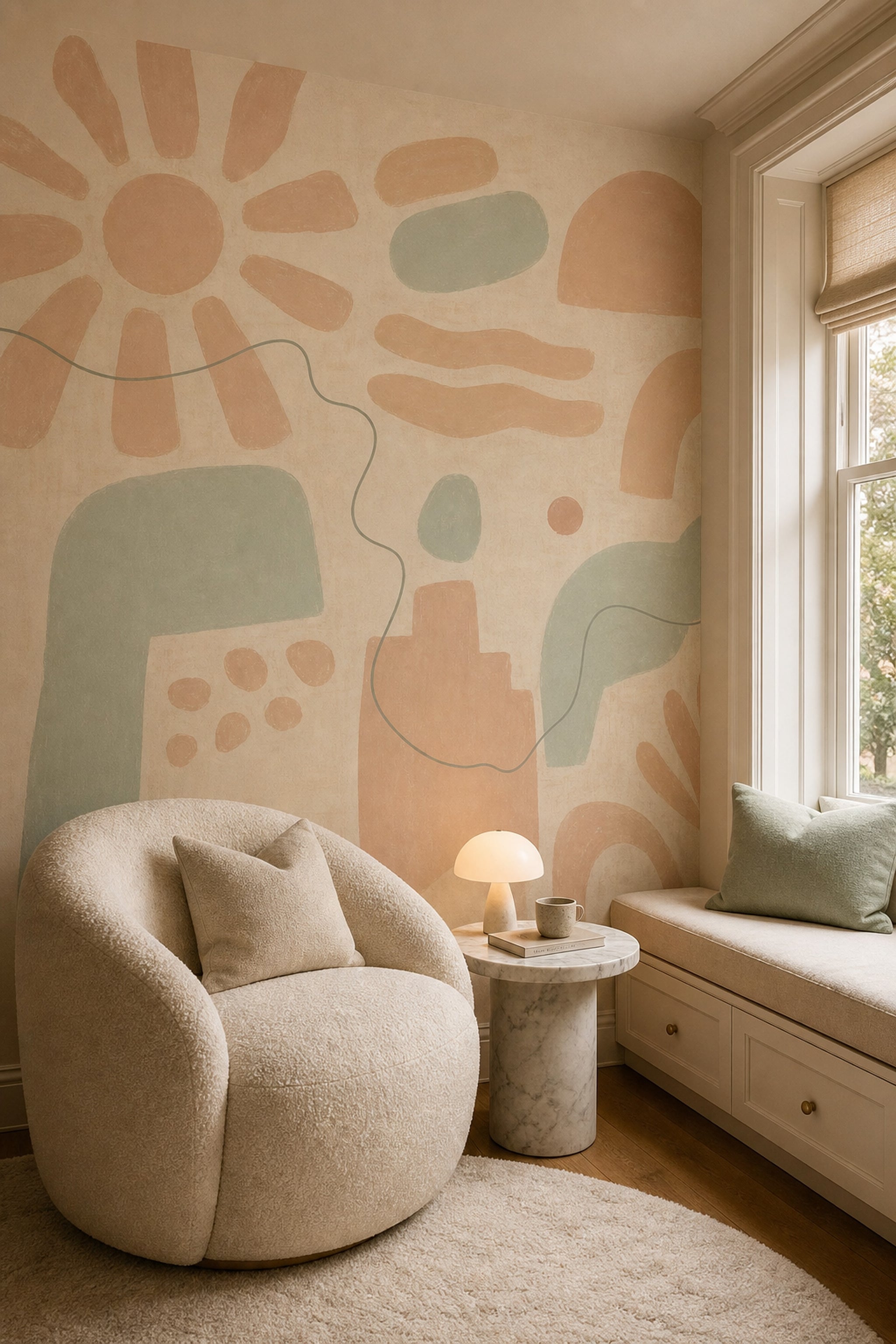 Pastel Soyut Şekilli Poster Duvar Kağıdı Yeşil Bej Banyo