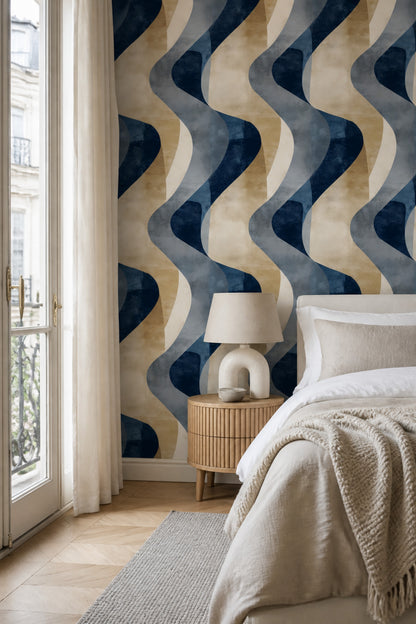 Dalgalı Geometrik Duvar Kağıdı Lacivert Bej Modern Salon
