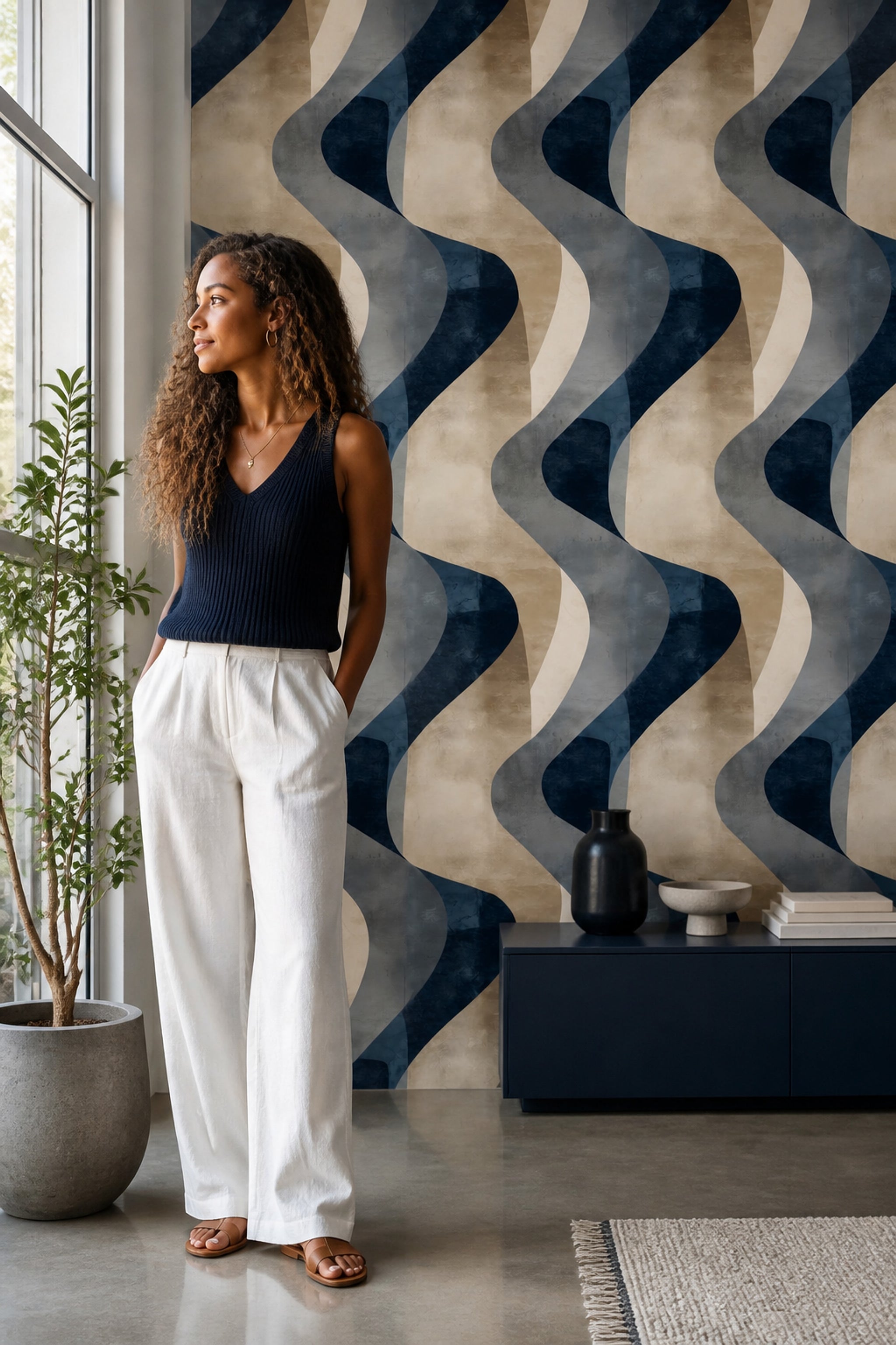 Dalgalı Geometrik Duvar Kağıdı Lacivert Bej Modern Salon