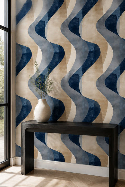 Dalgalı Geometrik Duvar Kağıdı Lacivert Bej Modern Salon