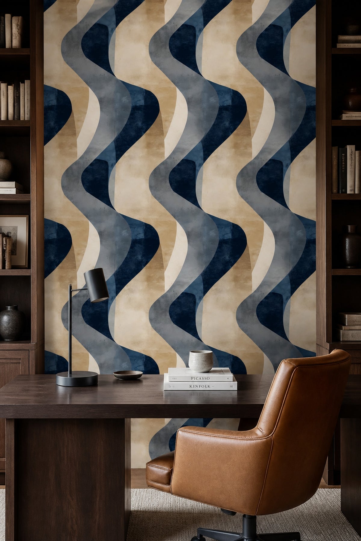 Dalgalı Geometrik Duvar Kağıdı Lacivert Bej Modern Salon
