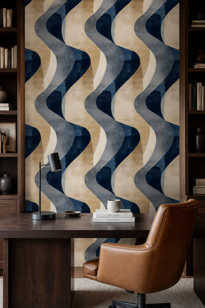 Dalgalı Geometrik Duvar Kağıdı Lacivert Bej Modern Salon