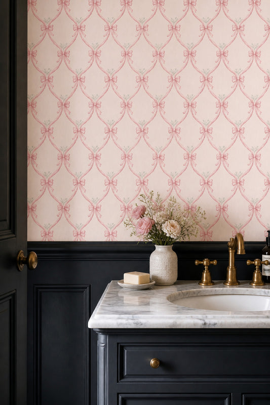 Pembe Kurdele Desenli Duvar Kağıdı Klasik Banyo Duvar Dekoru