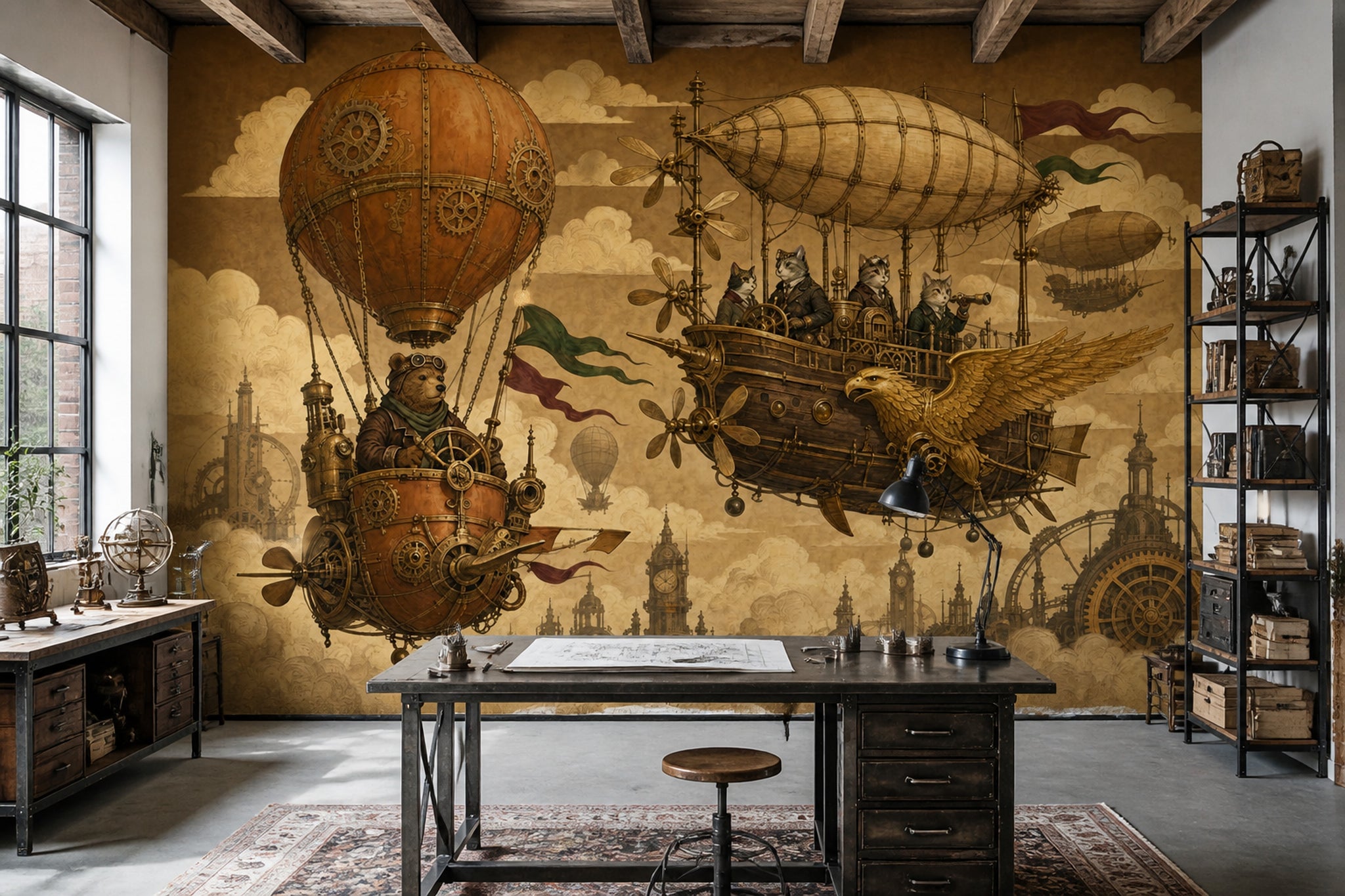 Steampunk Hava Gemili Poster Duvar Kağıdı Sepya Tonlu Salon