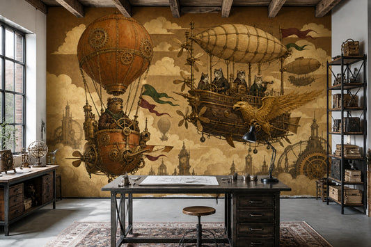 Steampunk Hava Gemili Poster Duvar Kağıdı Sepya Tonlu Salon