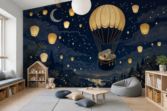Gece Gökyüzü Balonlu Poster Duvar Kağıdı Lacivert Çocuk Odası