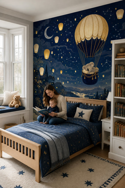 Gece Gökyüzü Balonlu Poster Duvar Kağıdı Lacivert Çocuk Odası