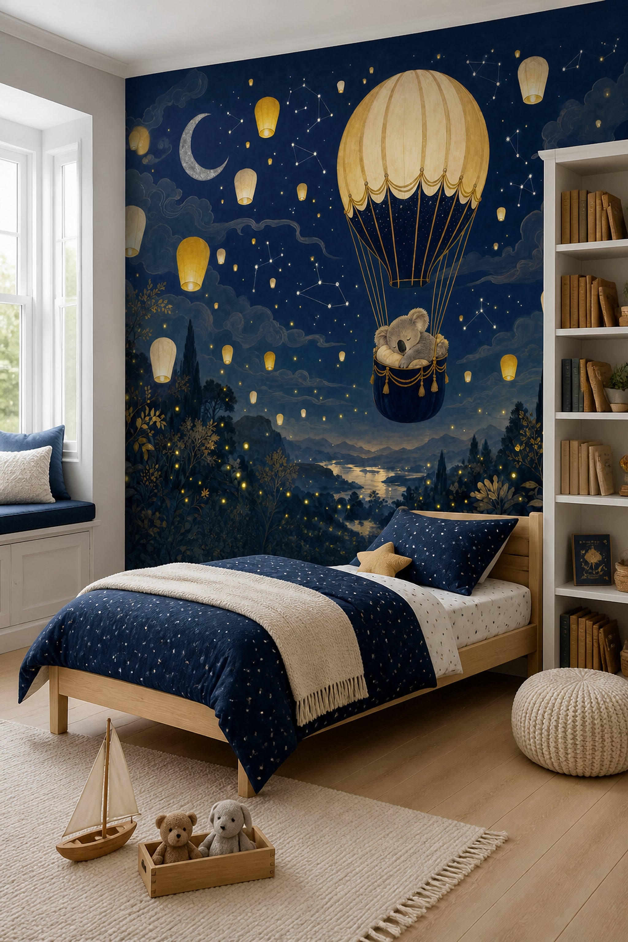 Gece Gökyüzü Balonlu Poster Duvar Kağıdı Lacivert Çocuk Odası