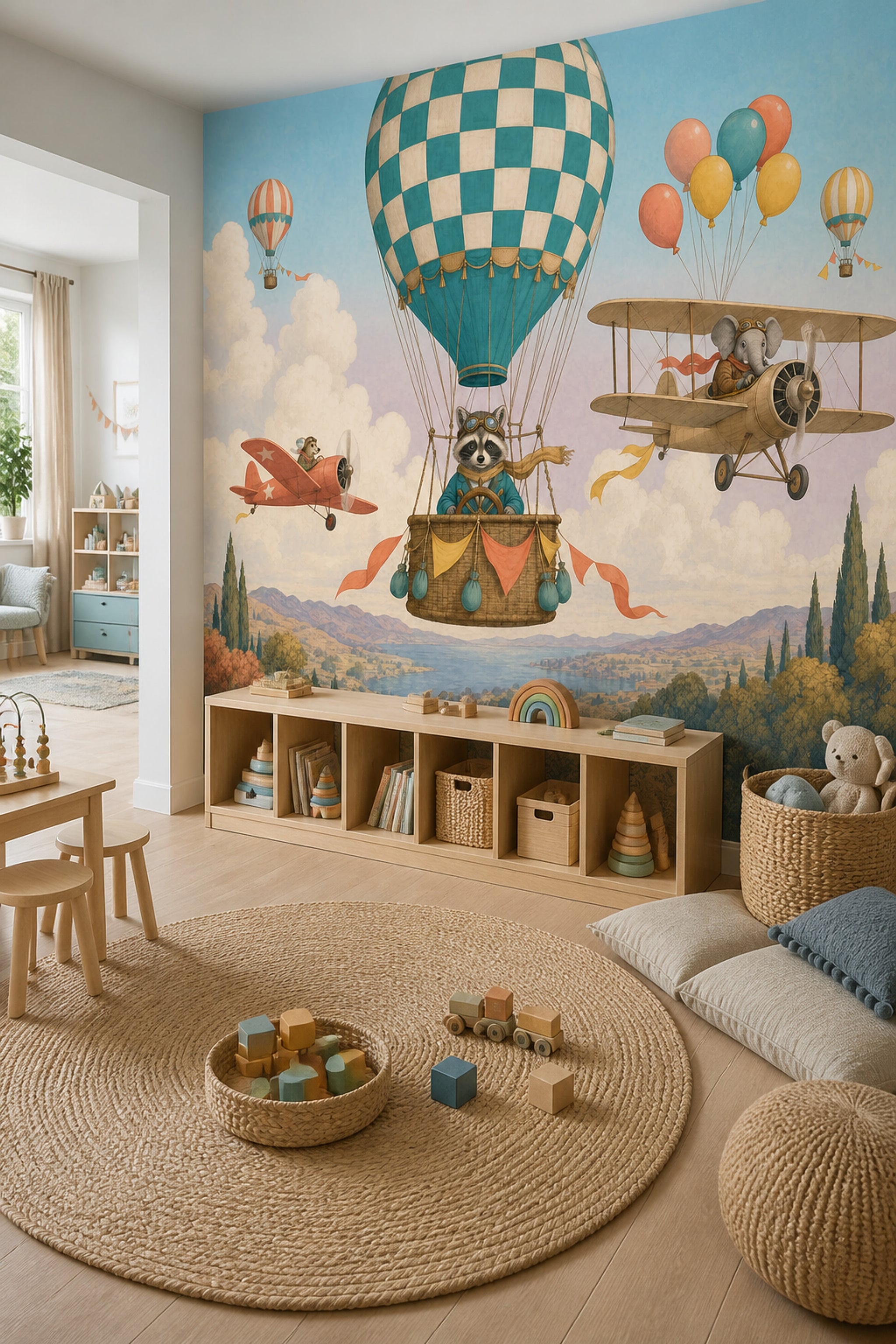 Balon ve Uçaklı Hayvanlar Poster Duvar Kağıdı Bebek Odası