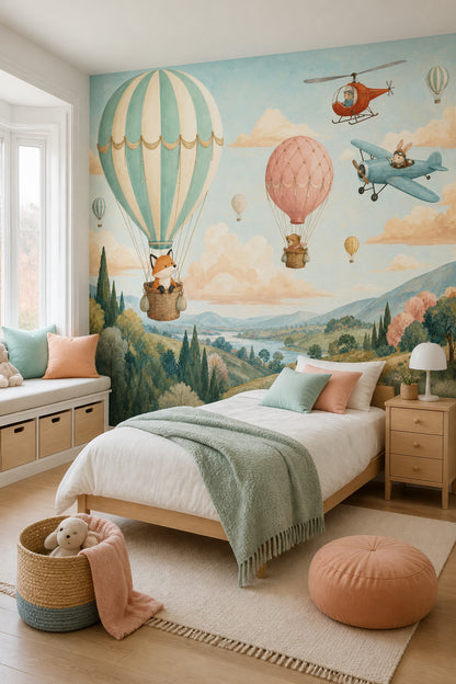 Balon ve Uçaklı Poster Duvar Kağıdı Çocuk Odası Pastel