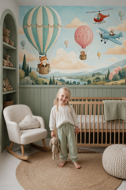 Balon ve Uçaklı Poster Duvar Kağıdı Çocuk Odası Pastel