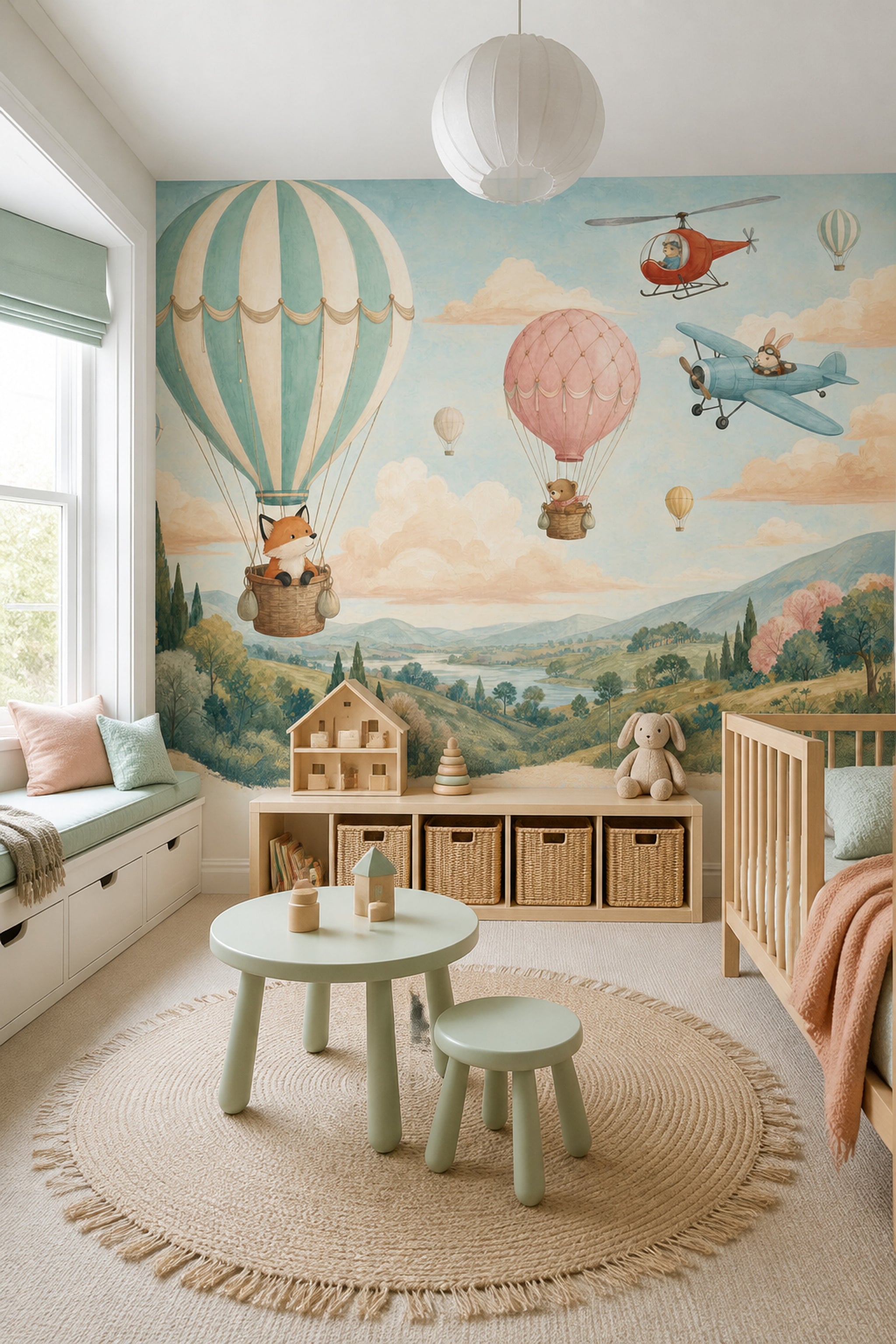 Balon ve Uçaklı Poster Duvar Kağıdı Çocuk Odası Pastel