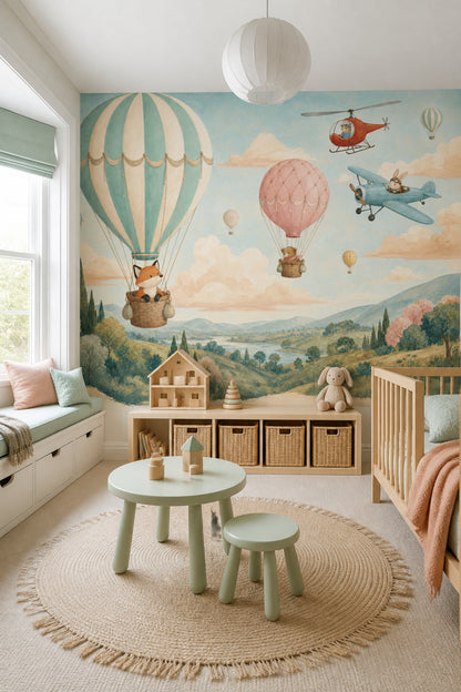 Balon ve Uçaklı Poster Duvar Kağıdı Çocuk Odası Pastel