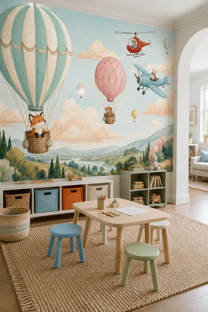Balon ve Uçaklı Poster Duvar Kağıdı Çocuk Odası Pastel