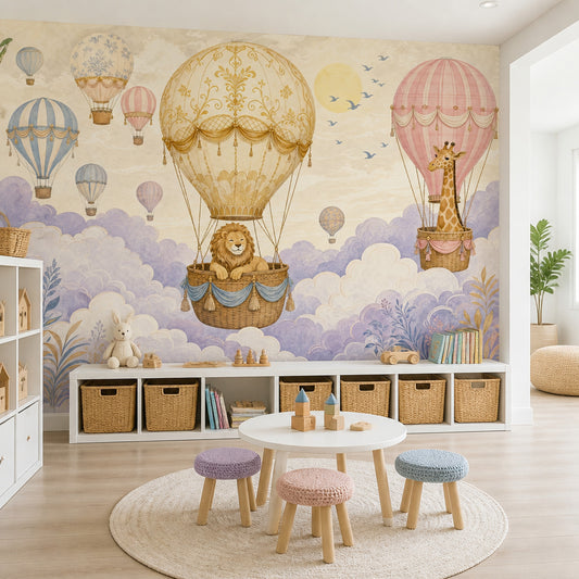 Balonlu Hayvanlı Poster Duvar Kağıdı Pastel Çocuk Odası