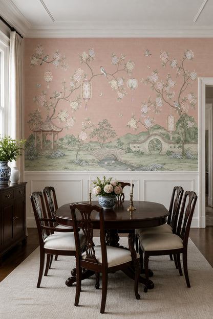 Çiçekli Chinoiserie Poster Duvar Kağıdı Pudra Pembe Salon
