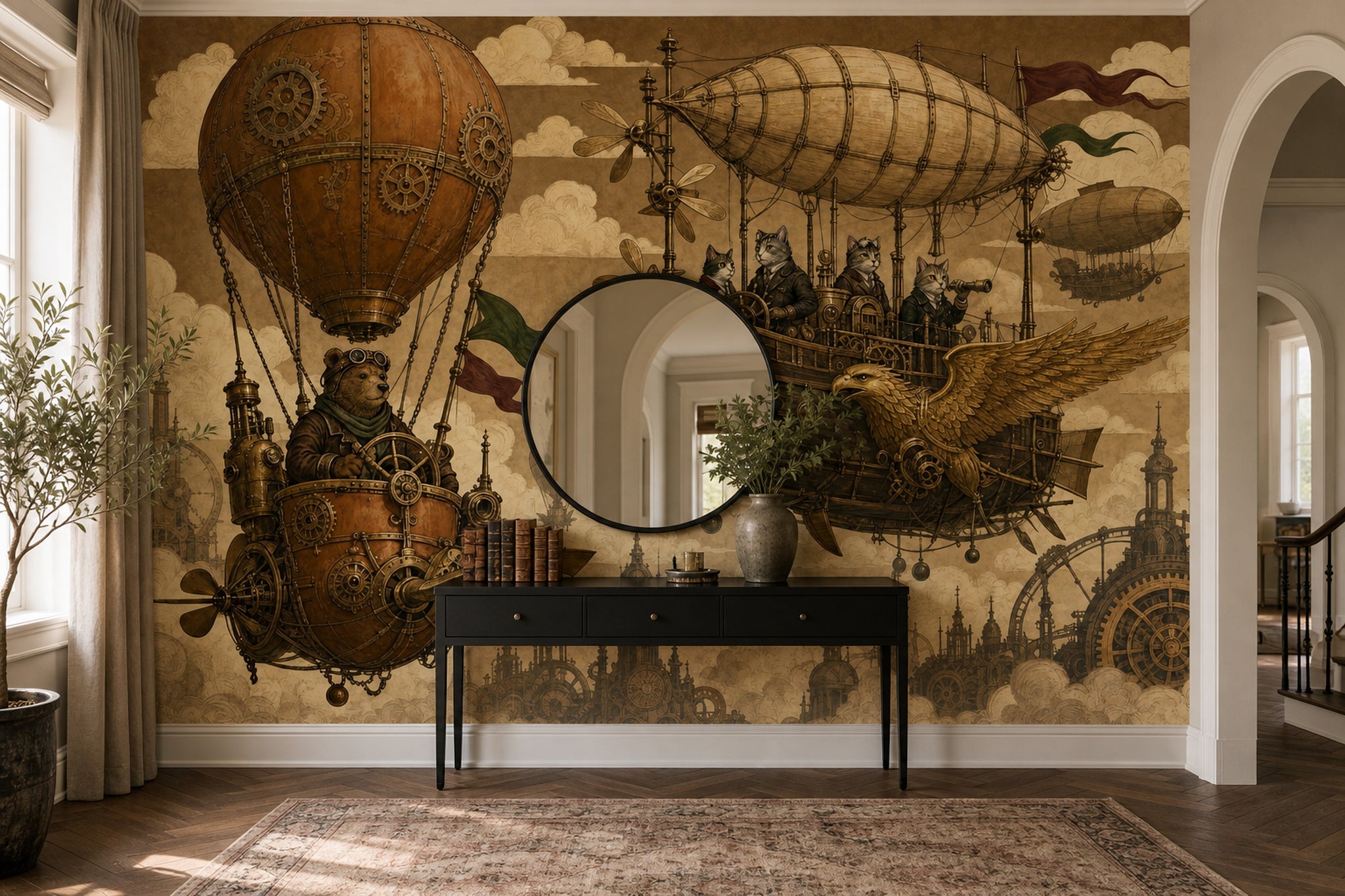 Steampunk Hava Gemili Poster Duvar Kağıdı Sepya Tonlu Salon