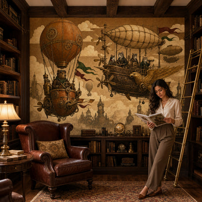 Steampunk Hava Gemili Poster Duvar Kağıdı Sepya Tonlu Salon