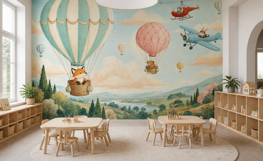 Balon ve Uçaklı Poster Duvar Kağıdı Çocuk Odası Pastel