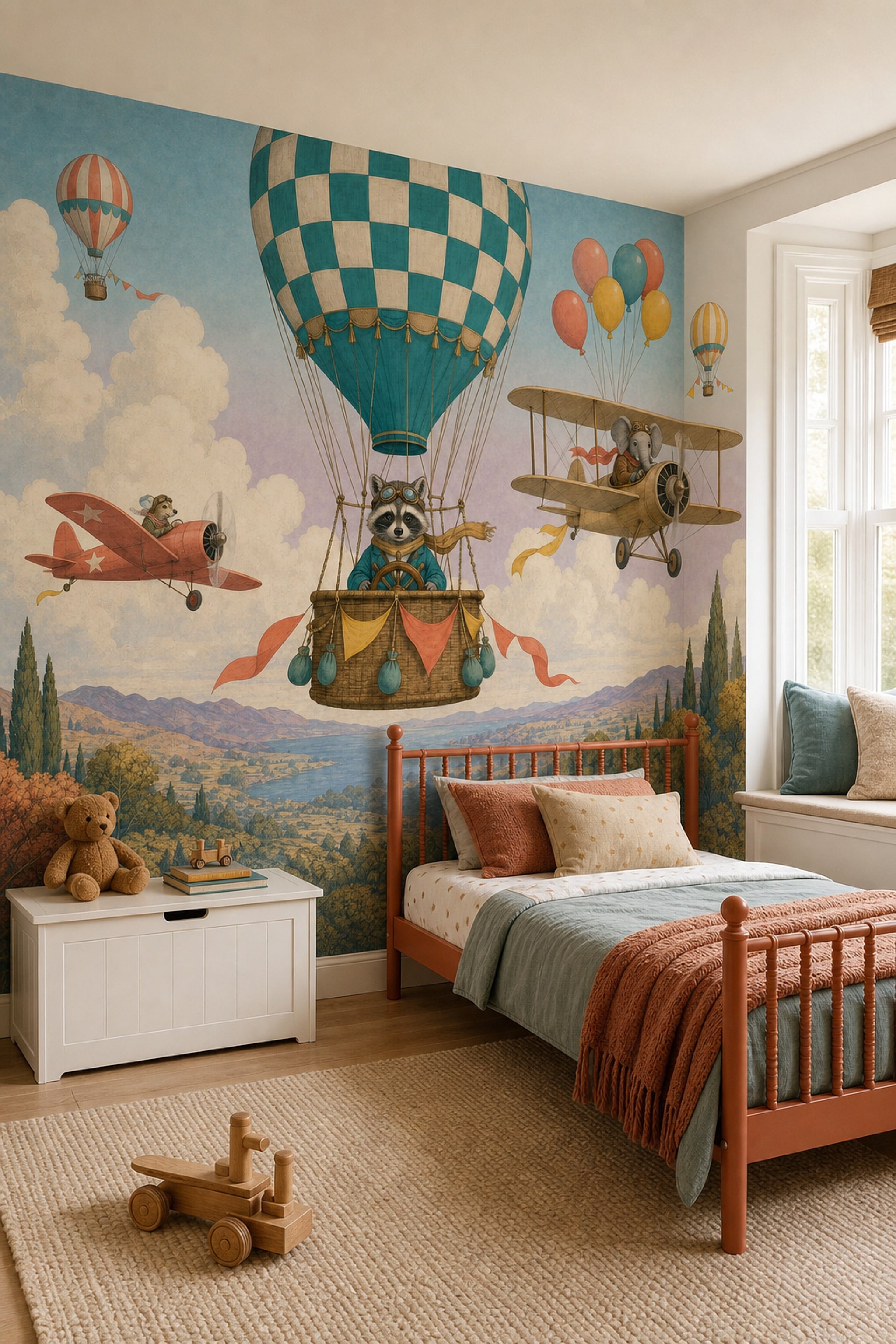 Balon ve Uçaklı Hayvanlar Poster Duvar Kağıdı Bebek Odası