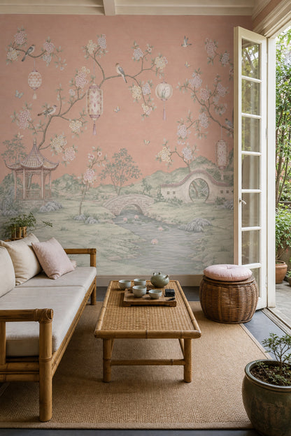 Çiçekli Chinoiserie Poster Duvar Kağıdı Pudra Pembe Salon