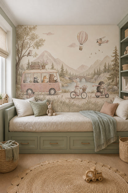 Orman Yolculuğu Hayvanlı Poster Duvar Kağıdı Çocuk Odası Pastel