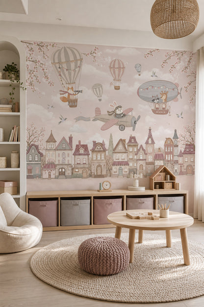 Balonlu Hayvanlı Poster Duvar Kağıdı Pastel Çocuk Odası