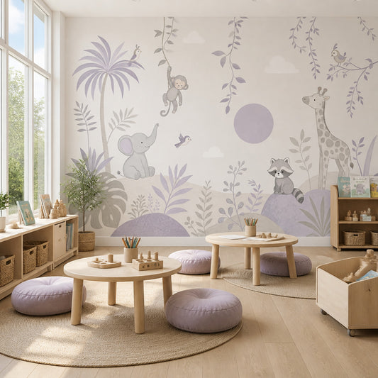 Pastel Safari Hayvanlı Poster Duvar Kağıdı Çocuk Odası Lila