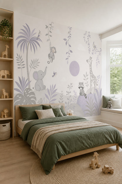 Pastel Safari Hayvanlı Poster Duvar Kağıdı Çocuk Odası Lila