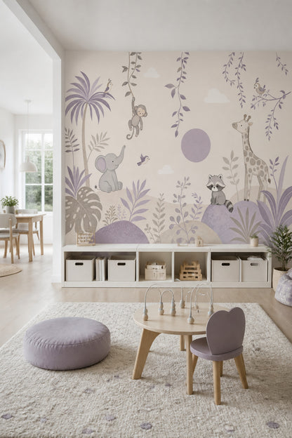 Pastel Safari Hayvanlı Poster Duvar Kağıdı Çocuk Odası Lila