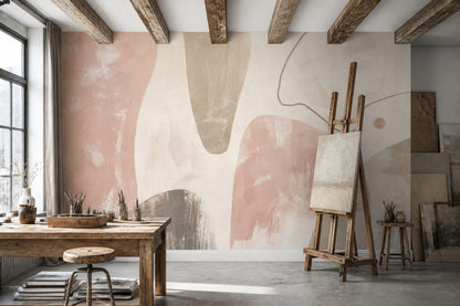 Pastel Soyut Poster Duvar Kağıdı Bej Pudra Tonlu Salon