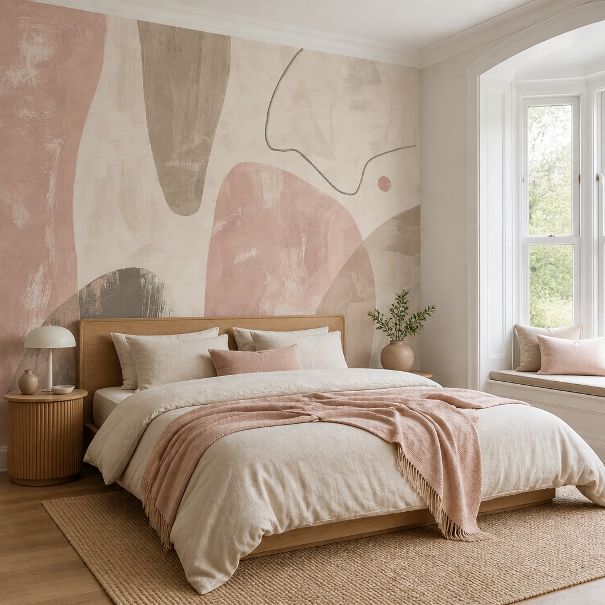 Pastel Soyut Poster Duvar Kağıdı Bej Pudra Tonlu Salon