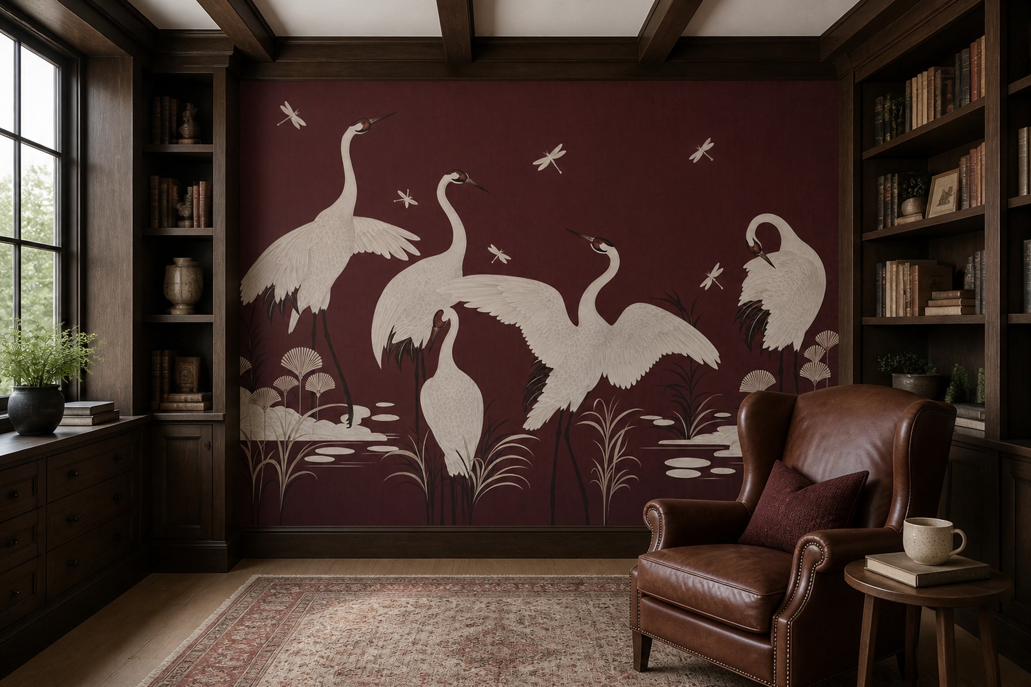 Turna Kuşları Poster Duvar Kağıdı Bordo Vintage Salon Duvarı