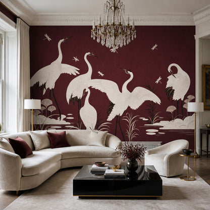 Turna Kuşları Poster Duvar Kağıdı Bordo Vintage Salon Duvarı