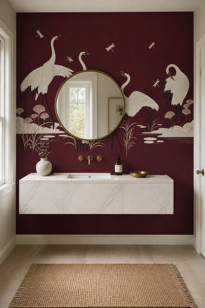 Turna Kuşları Poster Duvar Kağıdı Bordo Vintage Salon Duvarı