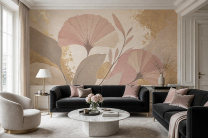 Pastel Ginkgo Yapraklı Poster Duvar Kağıdı Bej Pudra Salon
