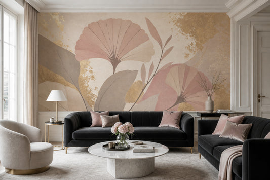Pastel Ginkgo Yapraklı Poster Duvar Kağıdı Bej Pudra Salon