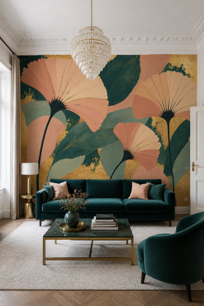 Ginkgo Yapraklı Poster Duvar Kağıdı Yeşil Pudra Tonlu Salon