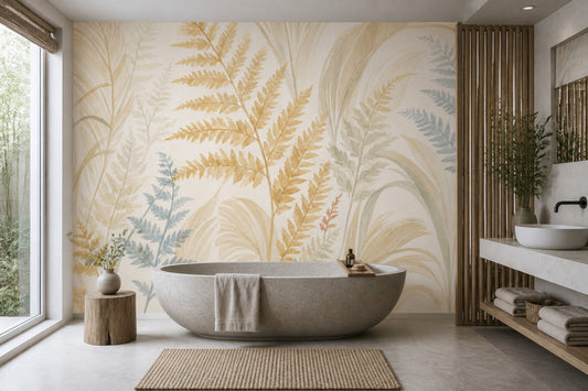 Sulu Boya Yapraklı Poster Duvar Kağıdı Bej Modern Banyo