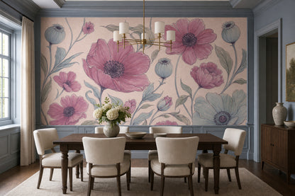 Pembe Büyük Çiçekli Poster Duvar Kağıdı Pastel Salon Duvarı