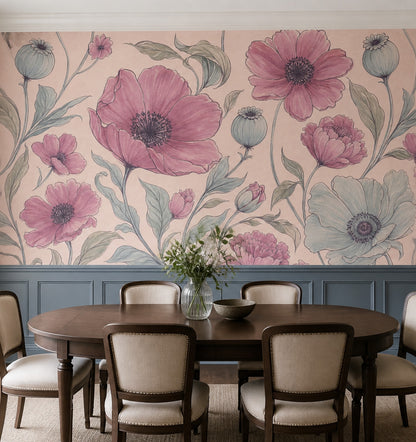 Pembe Büyük Çiçekli Poster Duvar Kağıdı Pastel Salon Duvarı