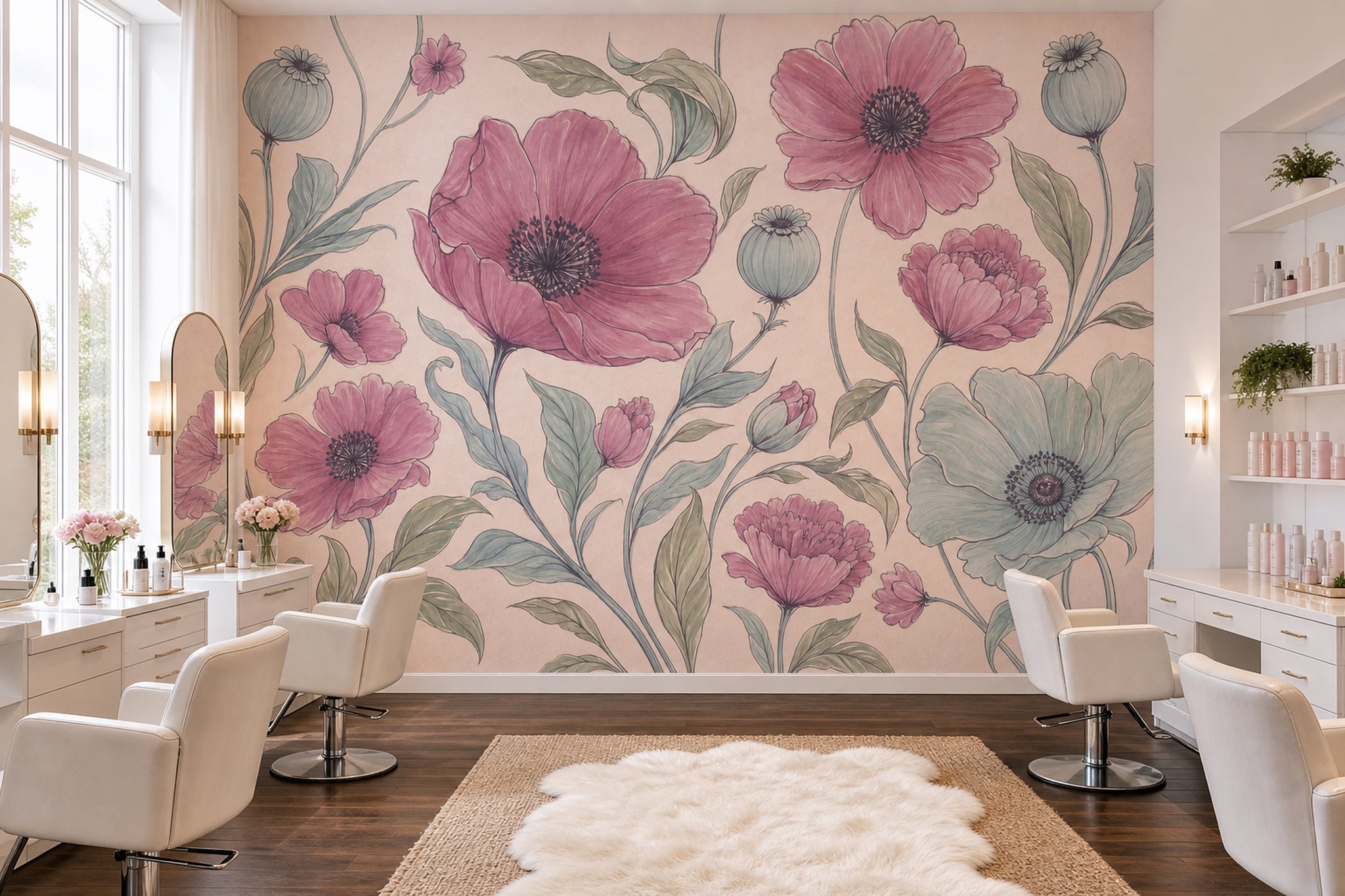 Pembe Büyük Çiçekli Poster Duvar Kağıdı Pastel Salon Duvarı