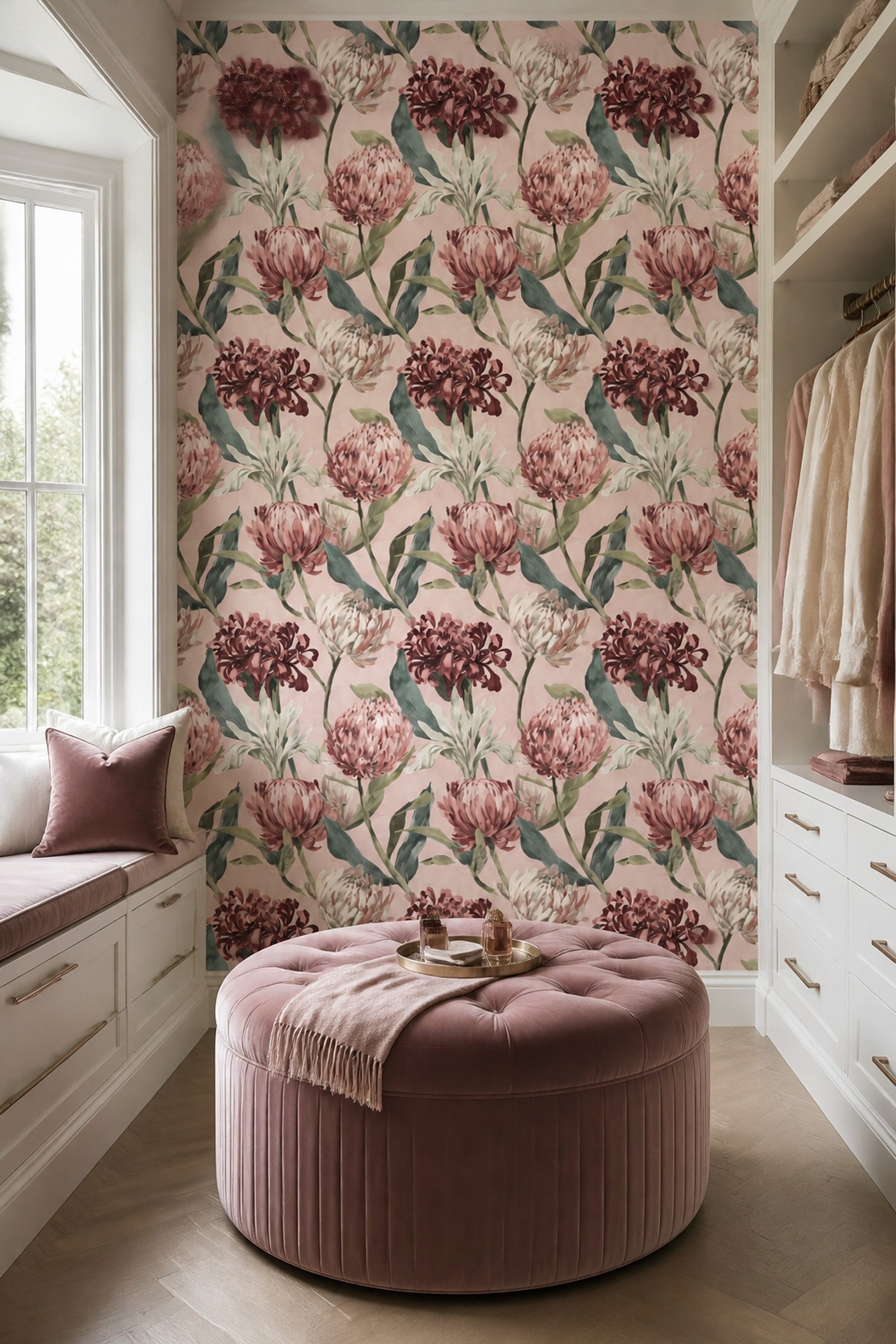 Vintage Çiçek Desenli Duvar Kağıdı Pudra Pembe Salon