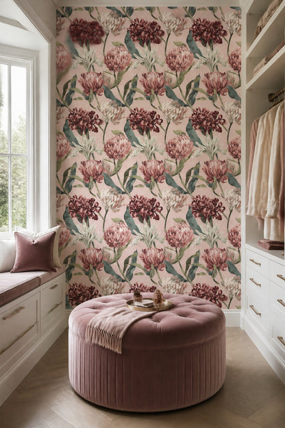 Vintage Çiçek Desenli Duvar Kağıdı Pudra Pembe Salon